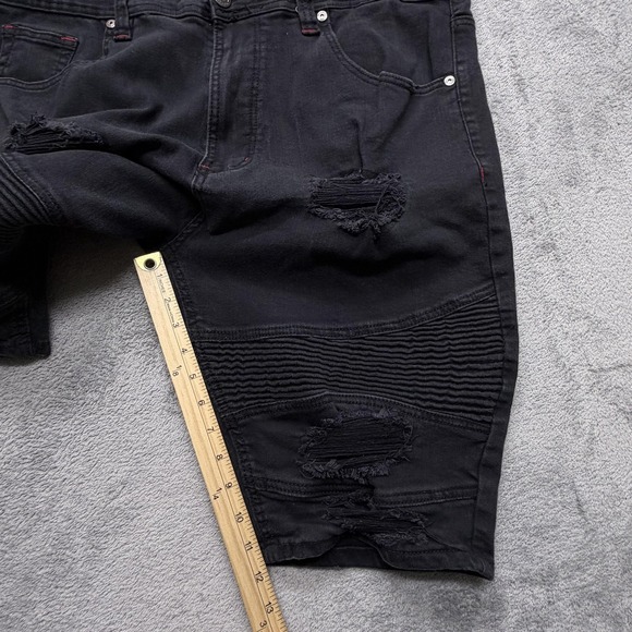 Makobi Denim Shorts Mens Measured 41x12 Black Distressed Biker Ribbed‎ Stretch - Picture 4 of 9
